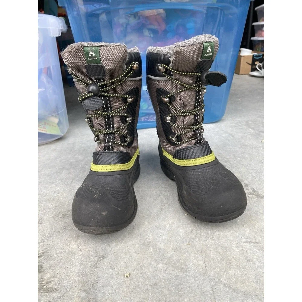 Kamik Kids Winter Snow Boots Size 13 Gray Black Neon Green Waterproof
